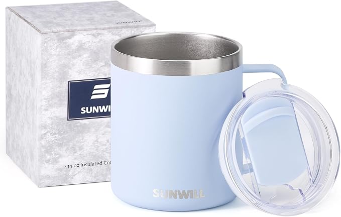 SUNWILL Insulated Coffee Mug with Lid, Travel Tumbler with Handle, 14 oz Stainless Steel Cup for Camping, Office, Home, Powder Coated Iceberg - Image 5
