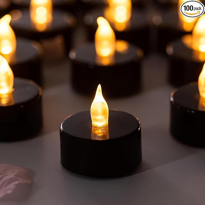 Tea Lights Battery Operated Candles LED Tea Lights Flameless Candles 200+ Hours Flickering Fake Tealights for Halloween, Christmas Aniversary Home Table Decor(Black, 100 Pack) by Candlium