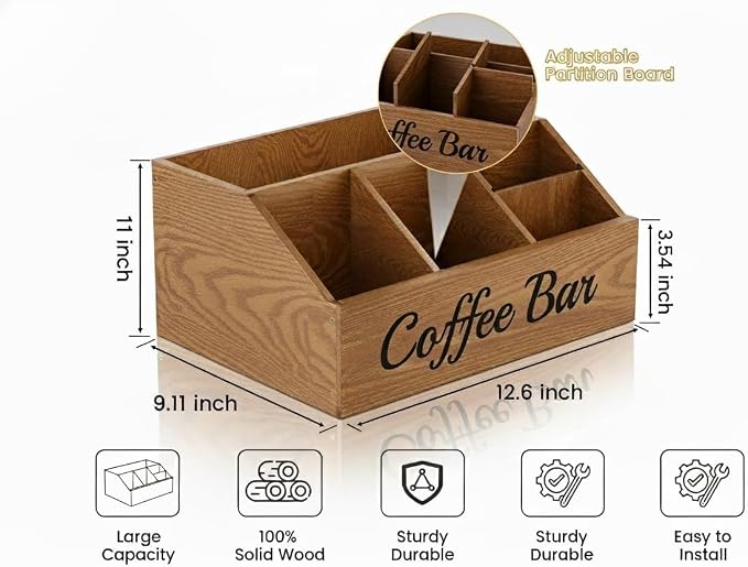 2 Pack Coffee Station Organizer for Countertop – Wooden Coffee Bar Organizer with Adjustable Dividers,Holds K Cup Pod & syrup bottles, for Kitchen, Office, or Bar and Tea Station, Brown - Image 3