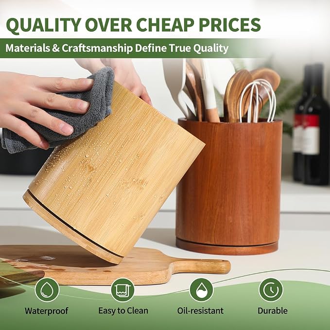 Bamboo Wood Utensil Holder, 360° Rotating 7.3 in Kitchen Organizer | Rustic farmhouse countertop decor. 360° rotating base holds spatulas, ladles, tongs, and cooking tools. Natural bamboo wood. - Image 4