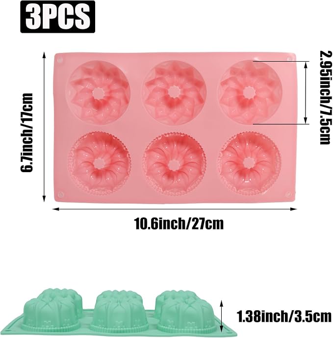 3 Pcs Mini Fluted Tube Cake Pan, 6-Cavity Silicone Non-Stick Small Cake Baking Mold for Cupcakes Cornbread Brownies Donuts Jello(Style2) - Image 2