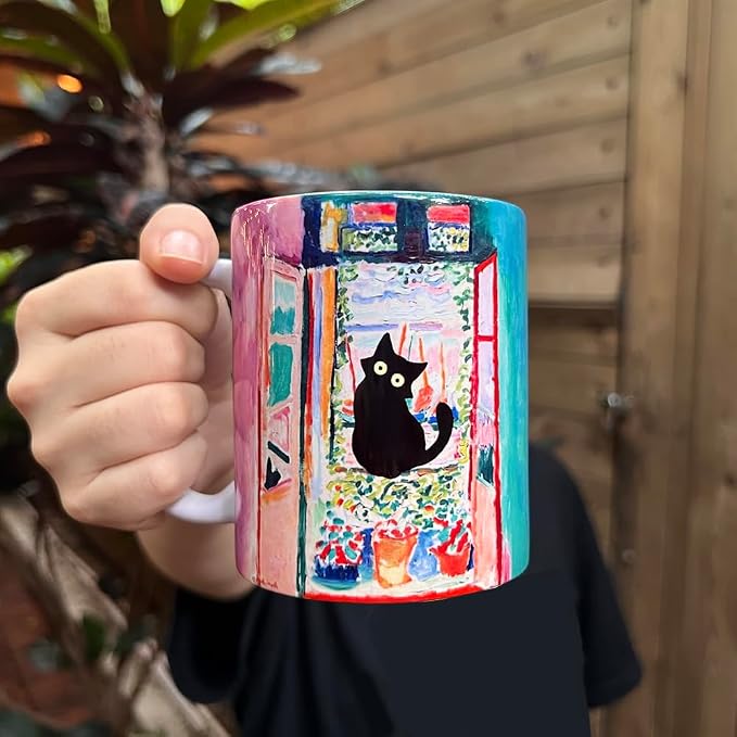 Famous Art Paintings Funny Cat Coffee Mug for Artist Art Lover Teacher Cat Lovers, Famous Picture Classic Vincent Aesthetic Canvas Mug Birthday Gift for Women Man (Open Window) - Image 3