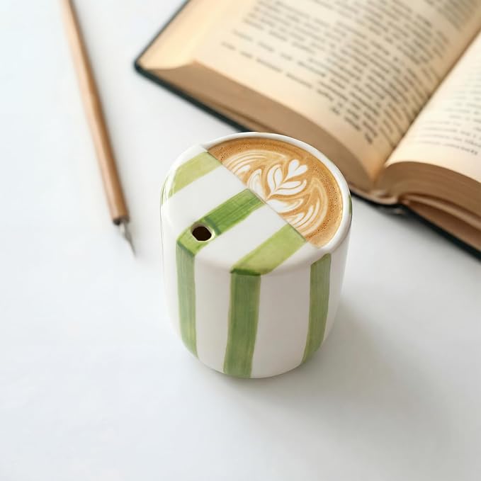 Ceramic Mug with Sip Hole 10 oz Novelty Green Striped Ceramic Coffee Mug Hand Painted Travel Mugs Heat Resistant Non Slip Built in One Lid Handcraft Mugs for Coffee Lovers Appreciation Gift - Image 7