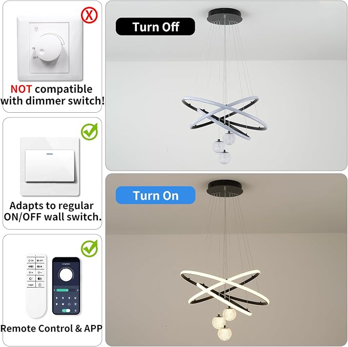 ORANOOR LED Modern 3 Ring Chandelier, 24inch Dimmable Kitchen Pendant Light | Black Dining Room Light Fixtures Ceiling Hanging Over Table, Globe Round Chandeliers for Dining Room Living Room Bedroom - Image 6