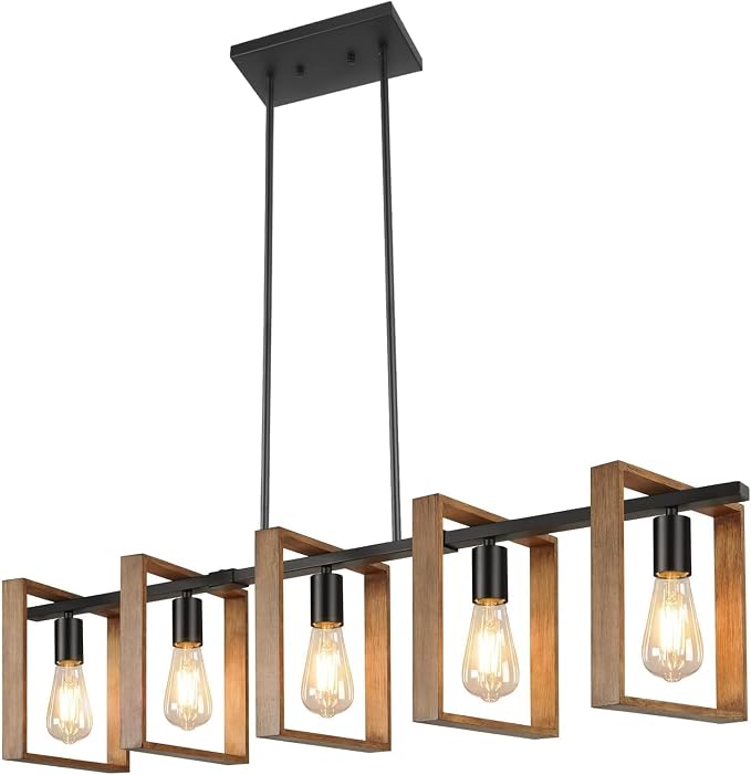 53’’ Farmhouse Kitchen Island Lighting, 5-Light Adjustable Dining Room Light Fixtures, Rustic Wood Chandeliers Black Hanging Light Fixtures for Kitchen, Pool Table Lights, Bulbs Not Included - Image 2