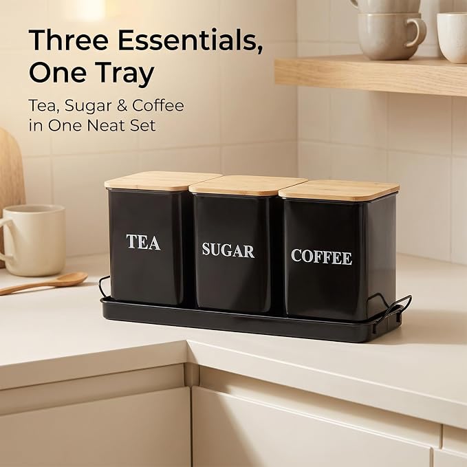 Coffee Tea Sugar Container Set , 50 oz Metal Kitchen Canisters-Black | Countertop Storage Containers with Wood Lids and Tray, Storage Canister for Coffee Bar, Pantry and Farmhouse Kitchen Decor - Image 7