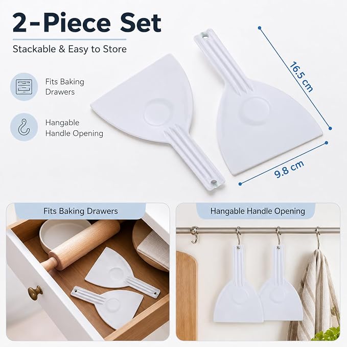 2 Pcs Dough Scraper Cutters, Bread Chopper Separator, Flour Scraper | Two 16.5 x 9.8 cm White Scrapers with 7.5 cm Handles for Dough Dividing, Flour Gathering, Cake Smoothing and Pastry Prep - Image 2