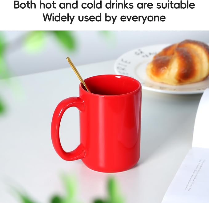 16 OZ Coffee Mug, Classic Blank Ceramic Cup with Large Handle for Tea Latte Cappuccino, Red - Image 3