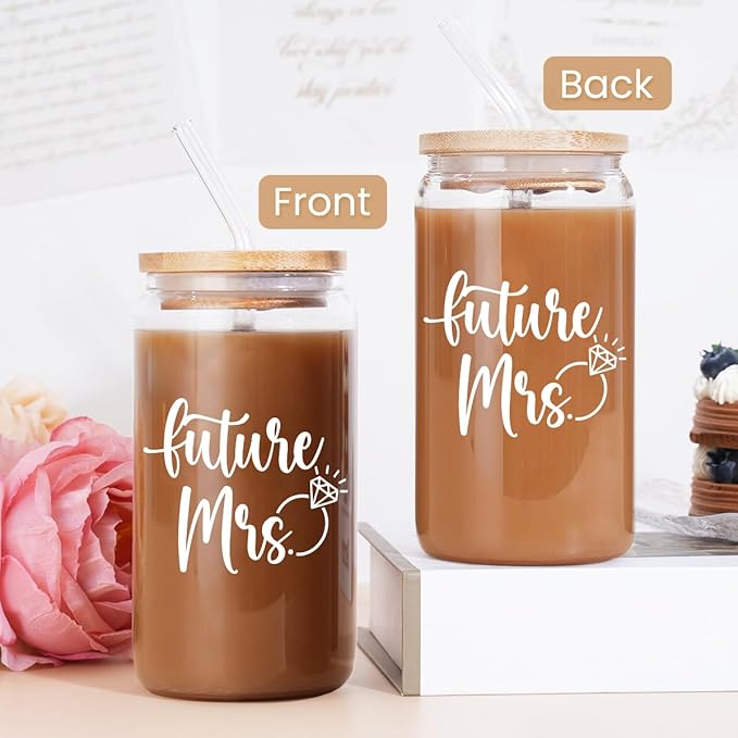 SANDJEST Future Mrs Glass Coffee Cup 16 Oz with Bamboo Lid and Straw - Bridal Shower Gift - Engagement & Bachelorette Gifts for Bride