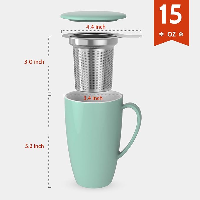 Sweese 15oz Porcelain Tea Mug with Infuser and Lid – Microwave Safe, Ergonomic Handle, Lead-Free Glaze, for Loose Leaf Tea Mint Green; - Image 2