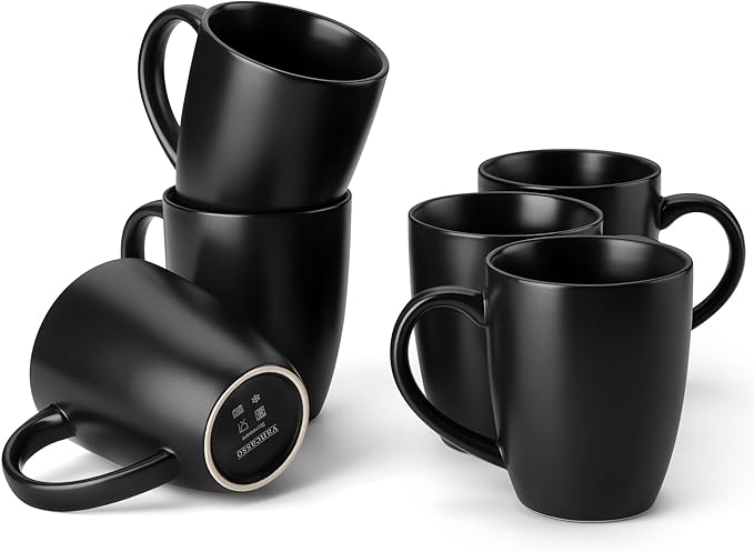 vancasso PLAYA Ceramic Coffee Mug Set of 6, 16 Oz Tea Cups with Handle for Latte, Tea, Cappuccino, Milk, Cocoa, Microwave&Dishwasher Safe, Black by vancasso