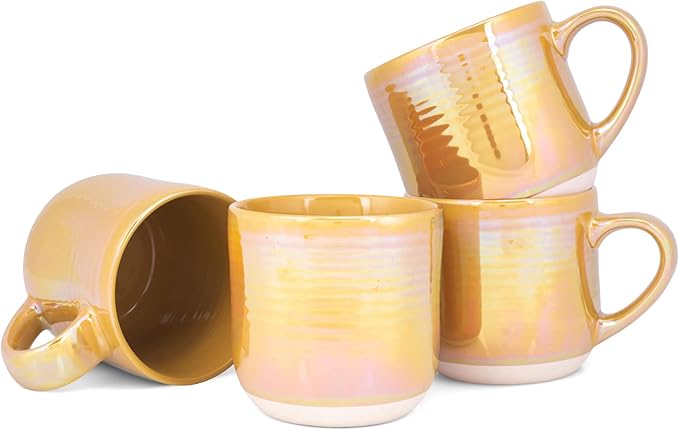 Elanze Designs Glossy Reactive Glaze Large 17 Fluid Ounce Everyday Kitchen Food Grade Ceramic Stoneware Coffee Mug Cup with Comfort Curved Handles, Set of 4, Gold Tone by ElanzeDesigns