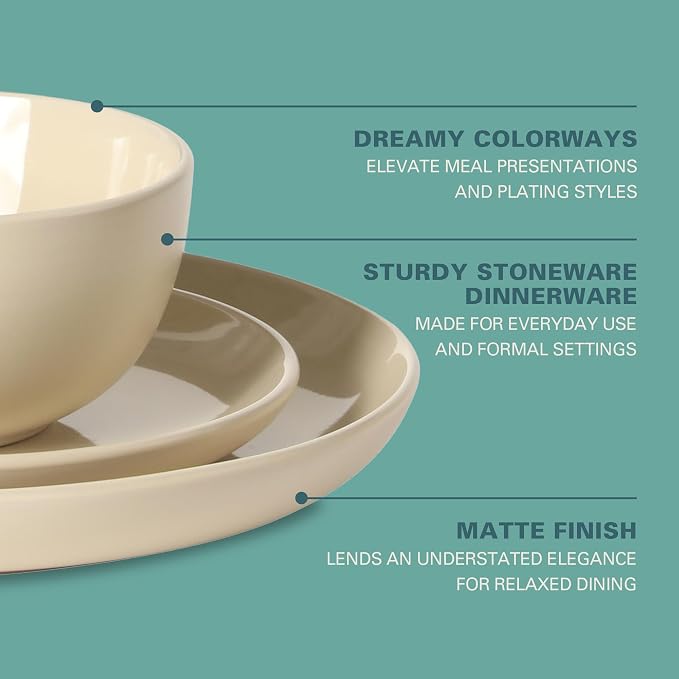 Gibson Home Rockaway 12 Piece Plates and Bowls Matte Glaze Service for 4 Dinnerware Set - Warm Cream - Dishwasher and Microwave Safe - Image 3