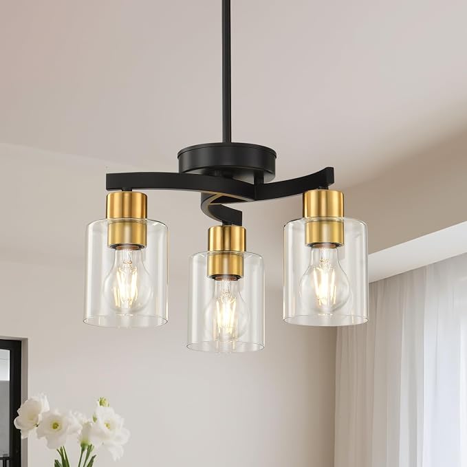 Black Brass Dining Room Chandelier, 3 Light Modern Industrial Pendant Light for Kitchen Island, Adjustable Height Ceiling Light with Clear Glass Shades,E26 Base,Dimmable - Image 2