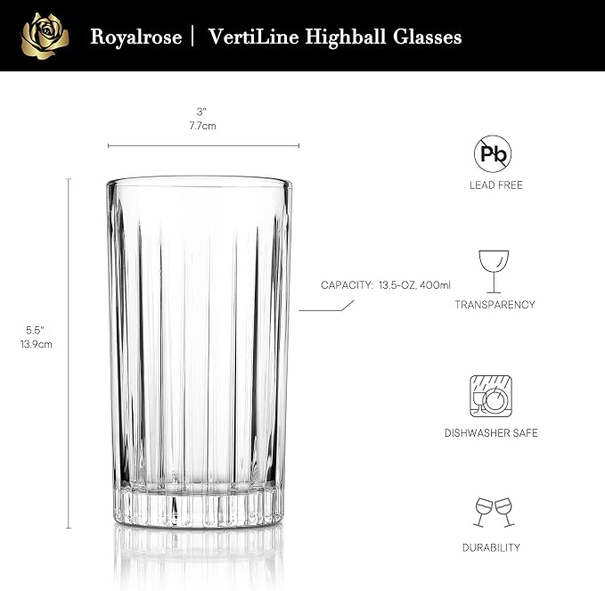 Royalrose Premium VertiLine 13.5oz Highball Glasses Set of 6 (Tall glasses) | Heavy Tall Glass Sets. Lead-Free Crystal Drinking Glasses. Water Glasses, Mojito Glass Cups, and Mixed Drink Cocktail Glasses - Image 3