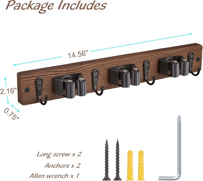 OUTNILI Mop Broom Holder Wall Mount with 3 Slots & 4 Hooks - Wood Broom Mop Hanger for Pantry Kitchen Organization - Garden Tool Organizer for Closet Laundry Room - for Rustic Farmhouse Kitchen Decor - Image 6