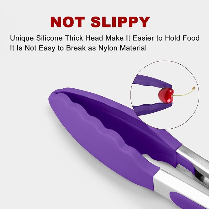 2 Pack Silicone Kitchen Tongs – 9" & 12" Set, Heat Resistant up to 500°F, Non‑Stick Cookware Safe, Wavy Silicone Tips, BPA Free, Locking Clip & Hanging Loop, Purple - Image 2