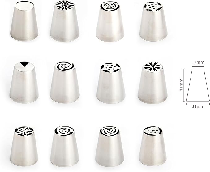 27 Pieces Small Stainless Steel Russian Flower Icing Tips Kit,12 Russian Tips, 2 Small Leaf Flower Piping Tips,2 Plastic Couplers,10 Disposable Pastry Bags,1 Reusable Piping Bag for Cake Decorations