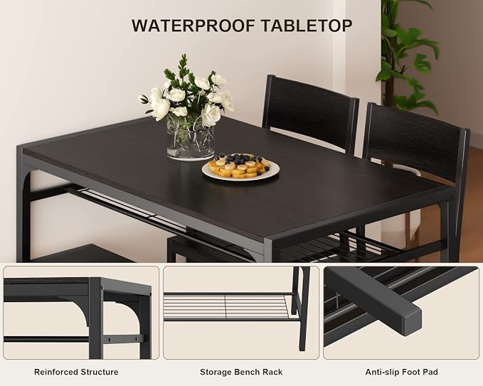 Gizoon 4-Piece Dining Table Set for 4, Kitchen Table with Bench Black | Space-saving black 4-piece dinette set with metal storage rack. Includes 2 ergonomic chairs and 1 bench. Easy to clean. - Image 7