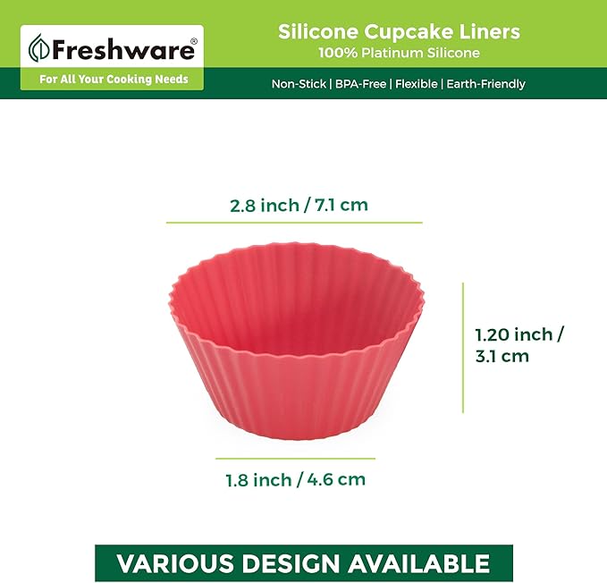 Freshware Cupcake Liners, Pack of 12 Silicone Muffin Cups, Baking Cups, Reusable & Non-stick Cupcake Liners for Party Halloween Christmas, Round