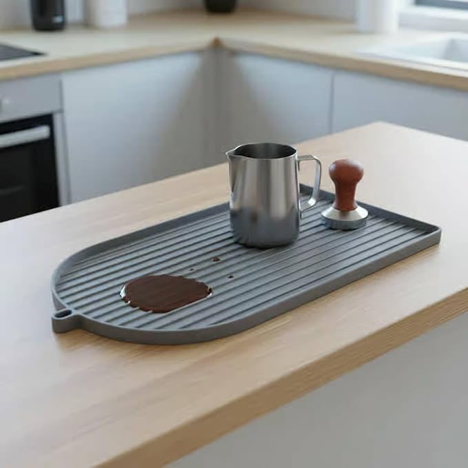 Silicone Machine Pad Coffee Station Mat Beverage Spill Tray Flexible Material Raised Lip Ribbed Drainage Suitable for Coffee Shop, Gray - Image 6
