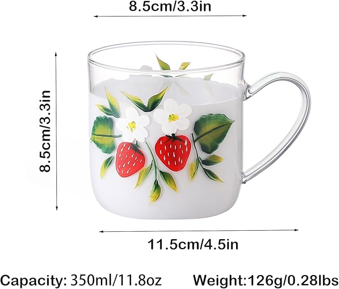 12oz/350ml Hand Painted Glass Cups With Handle,Clear Glass Coffee Cups,Coffee Glasses For Hot Beverages,Clear Mugs (Strawberry)