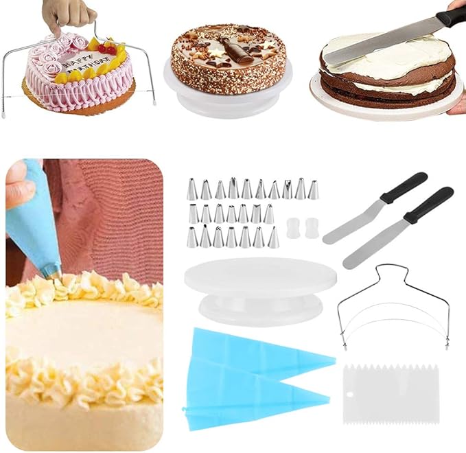 FLEXMAN 33Pcs Cake Decorating Kit, Cake Turntable Base Cake Leveler with 24 Decorating Nozzles, Cake Turntable Set with Scraper Pastry Nozzle Set Baking Tool