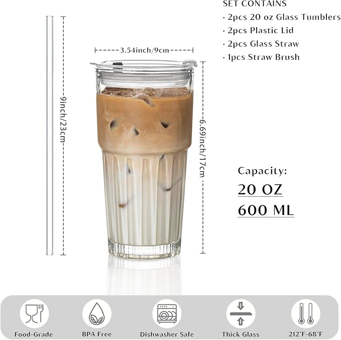 INSETLAN 20oz Clear Glass Cups & Tumbler Set with Lids & Straws – 2-Pack, Reusable Drinking Cups for Iced Coffee, Smoothies, Tea, Juice, Leak-Proof, Spill-Proof, Ideal for Home and Outdoor Use