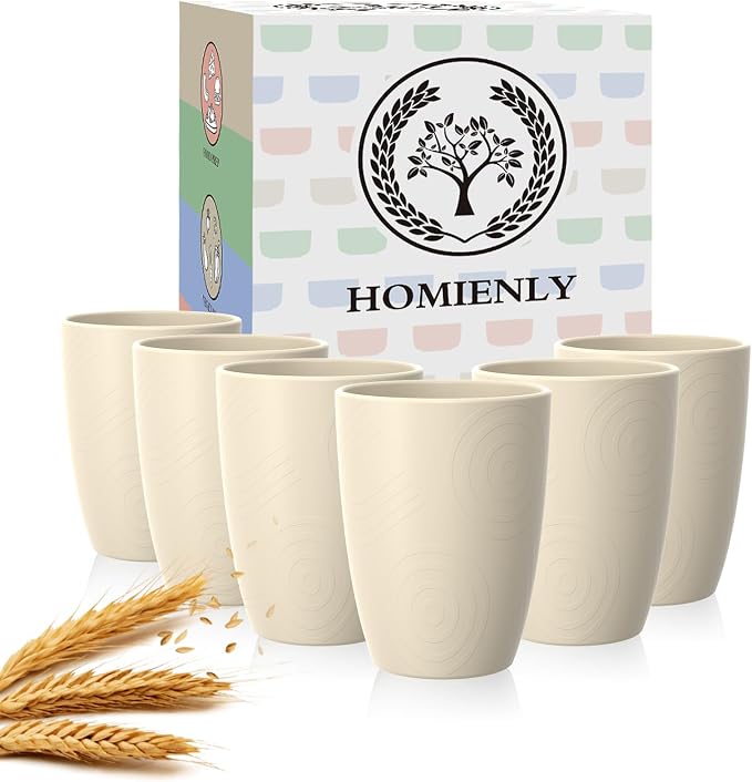 Homienly Plastic Cups Alternative 12oz - Wheat Straw Cups Set of 6 Reusable & Unbreakable Drinking Glasses Dishwasher & Microwave Safe Cups for Everyday Use-Beige by HOMIENLY