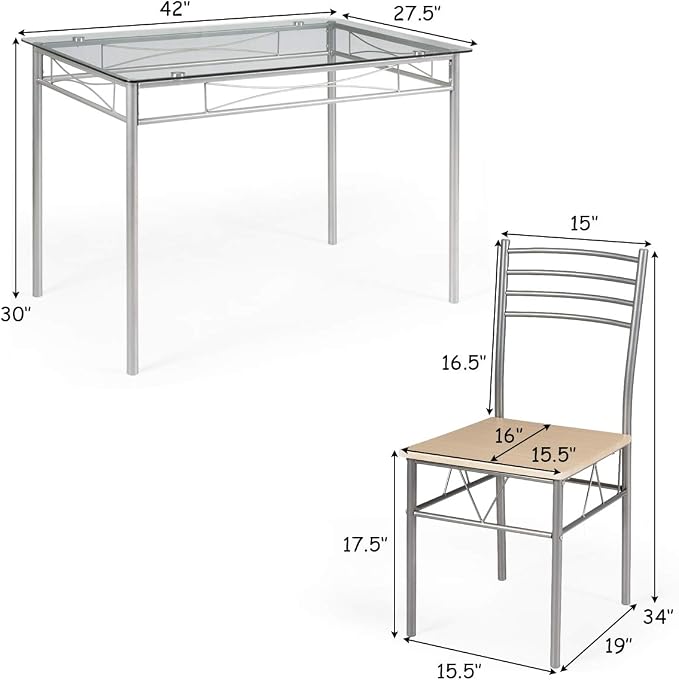Giantex 5 Piece Dining Table Set, Kitchen Dining Set with Tempered Glass Table Top and 4 Chairs, Dinette Set for 4 for Breakfast Nook Dining Room Kitchen (Transparent) - Image 7