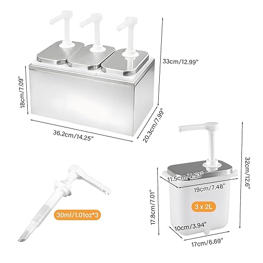 Sauce Dispenser Pump 6L, Stainless Steel Condiment Pump Station with 3 Jars, Condiment Pump Dispenser, Large Three Head Ketchup Dispenser