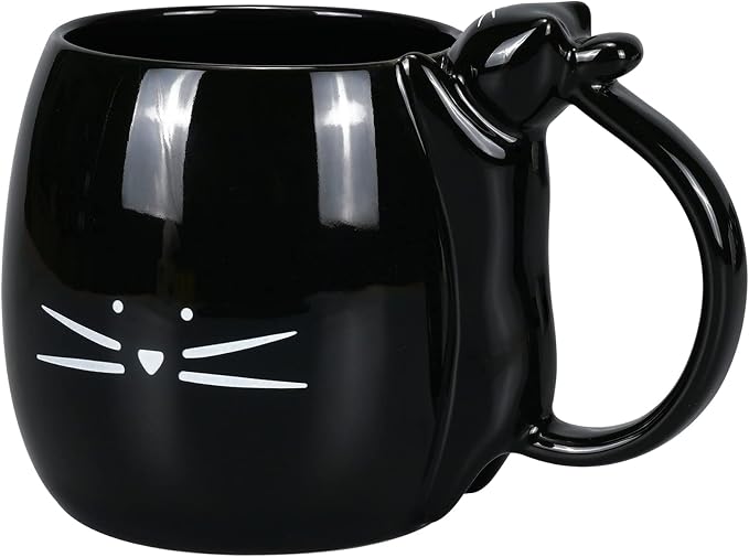 Koolkatkoo Black Cat Coffee Mug | Ceramic Tea Cup, Sculpted Cat Handle, Meow Design, Gifts for Cat Lovers, Women, Men by Koolkatkoo