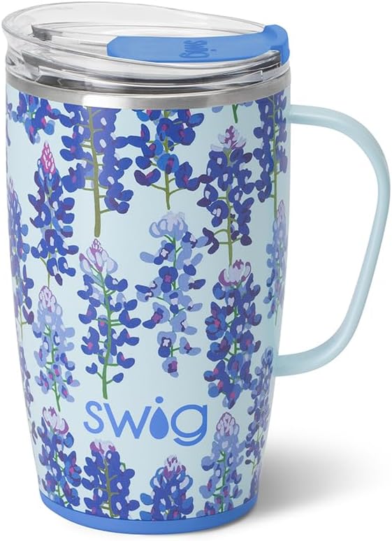 Swig Life 18oz Insulated Travel Mug with Handle & Lid, Bluebonnet | Triple Insulated Stainless Steel - Handle & Lid Included - Keeps Coffee Hot or Cold - Cup Holder Friendly by SwigLife