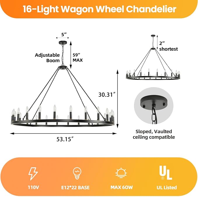 WJShome 24-Light Black Wagon Wheel Chandelier Farmhouse, 54" Extra Large Chandeliers for High Ceilings, Round Matte Black Chandelier for Dinning Room, Entryway, Foyer, Living Room - Image 3