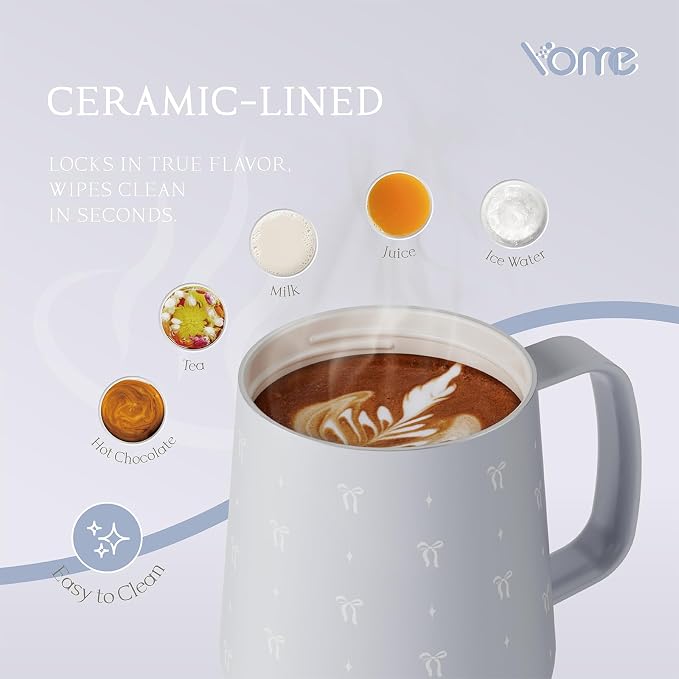 YOME 10oz Bow Grey Insulated Coffee Mug with Handle for Women | Ceramic Lined Coffee Mug with Splash-Resistant Lid| Pure Taste Stainless Steel Coffee Cup | Easy to Clean | Keeps Drinks Cold - Image 4