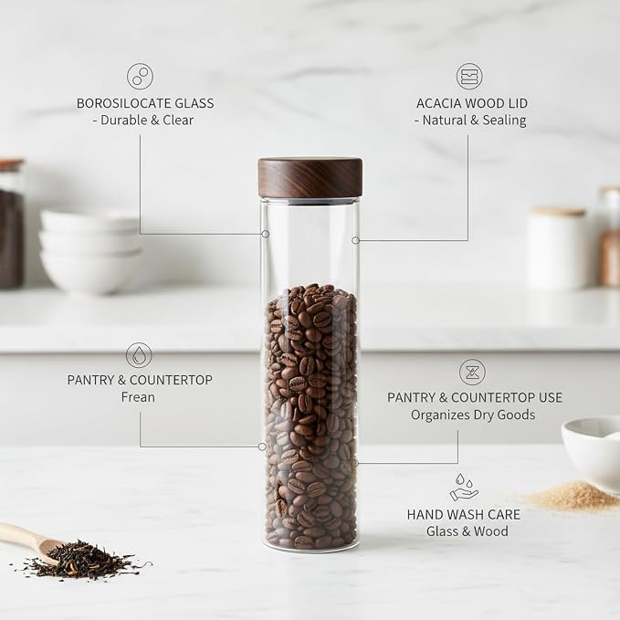 Glass Storage Jar with Acacia Wood Lid, Borosilicate Food Canister for Coffee Beans Tea Sugar Dry Pantry Staples (1 PC) - Image 4