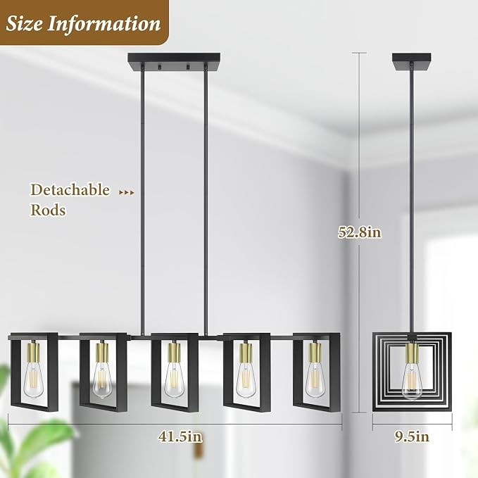 5-Light Black Gold Dining Room Light Fixture, 53’’ Farmhouse Wood Chandelier Kitchen Island Lighting Over Table, Modern Black Rectangular Hanging Pendant Light Fixture for Living Room, E26 Sockets - Image 3