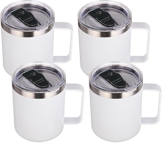 Volhoply 14oz Insulated Stainless Steel Coffee Mug with Lid Bulk 4 Pack,Not Suitable for Sublimation,Double Wall Vacuum Travel Coffee Cup with Handle, Reusable Metal Camping Mugs Keep Cold(White,4) by LiveFully%EF%BC%8CDrinkFreely%E2%80%94KeepGoingwithVolhoply%EF%BC%81