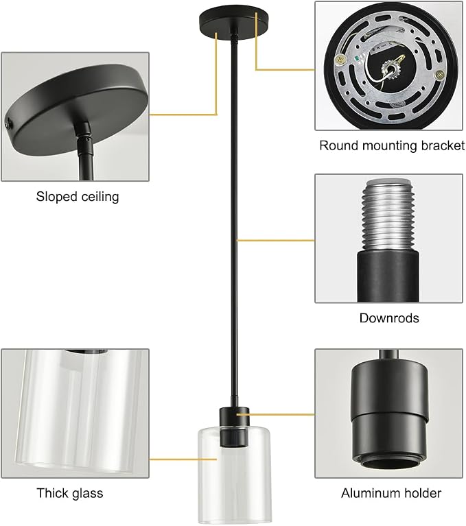 Black Pendant Lights Kitchen Island,Modern Farmhouse Glass Pendant Light,Light Fixture Kitchen Pendant Mini Hanging Light Fixture for Sink (Black 2 Pack Stem Rod) - Image 5