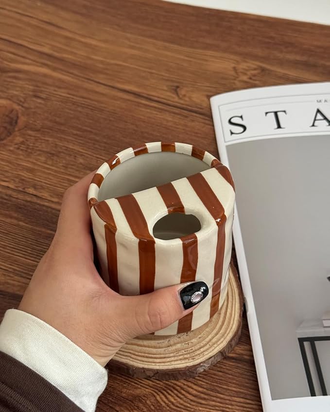 Coffee Mug Espresso Cup 10oz Ceramic Coffee Mugs Porcelain Coffee Cup Hand-Painted Striped Art Multiple Use for Kitchen, Dining-Brown - Image 5