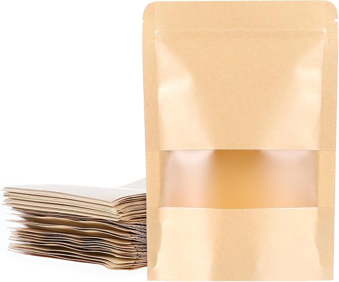 100 PCS Resealable bags, 5.5" x 7.9" Stand Up Paper Bags with Matte Window, Food Storage Bag for Packaging Products, Reusable, Sealable by HOFURME
