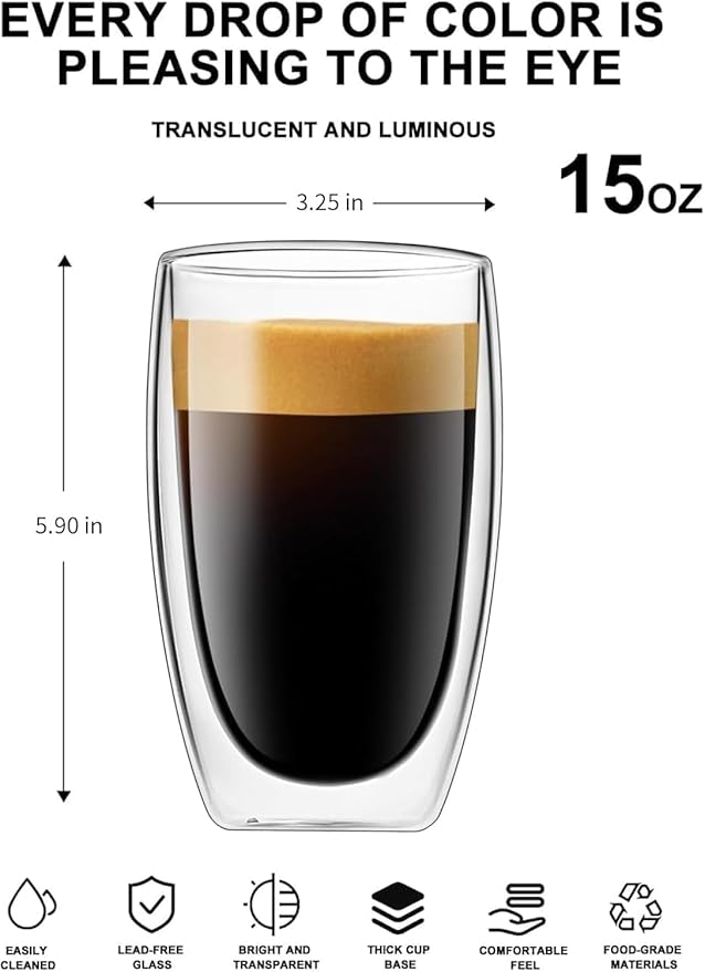 17oz Double Wall Glass Coffee Mugs Set of 8, Insulated Coffee Mug, Clear Borosilicate Glass Coffee Cups for Cappuccino, Tea, Lightweight and Microwave Safe