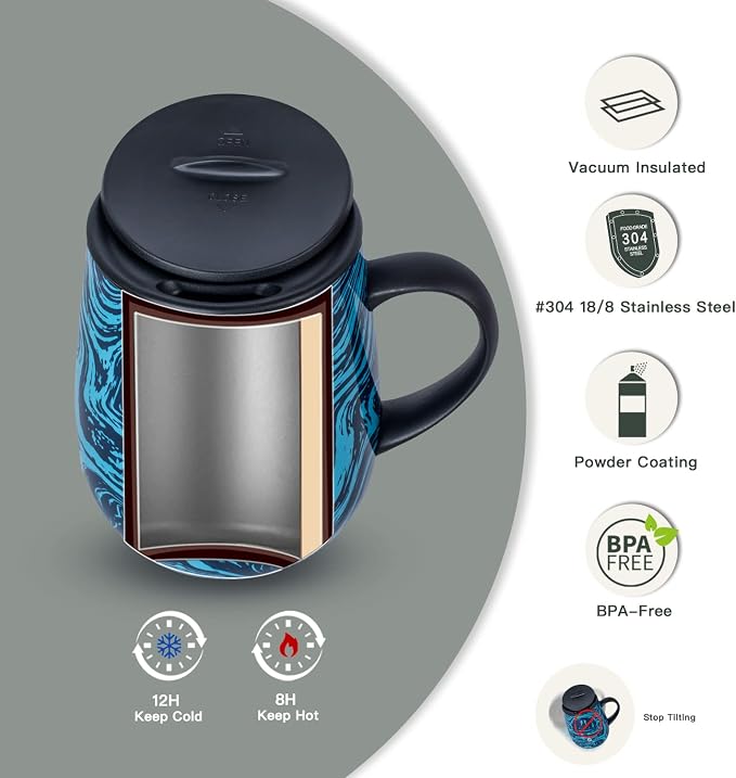 Ideus 16 oz Insulated Coffee Mug with Handle and Lid, Double Wall Stainless Steel Vacuum Thermal Coffee Mug, Travel Coffee Cup Thermal Cup for Home and Office, Blue Zebra - Image 2