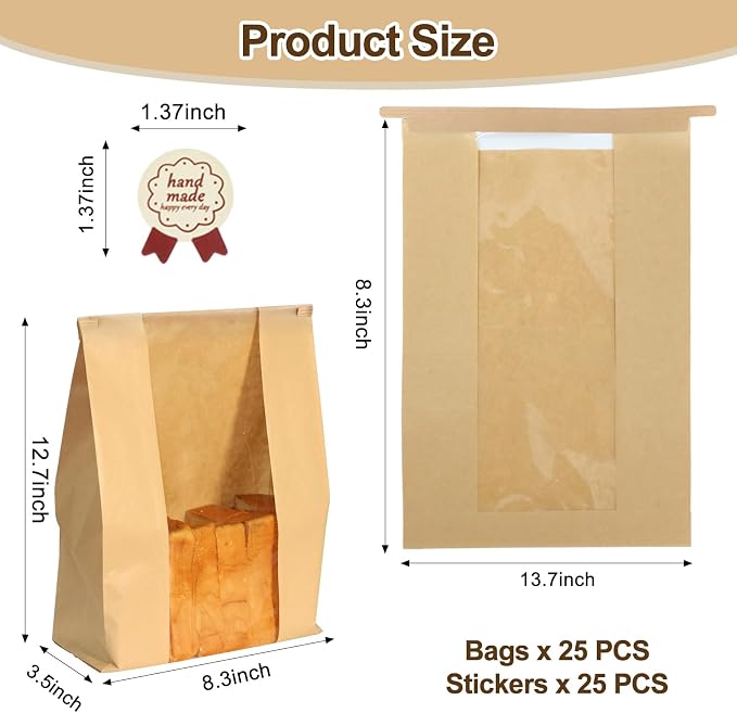 WIKDAY 25PCS Sourdough Bread Bags with Window for Homemade Bread Paper | Tin Tie Tab Lock, with Thank You Seal Sticker, Large, for Baked Food Packaging Storage Gift Giving 13.7x8.3x3.5in Home Baking - Image 4