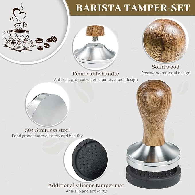 58mm Coffee Tamper Espresso Press with Tamper Mat Tamper with 304 Stainless Steel Base Wooden Handle Barista Espresso Machines Accessory (58mm)