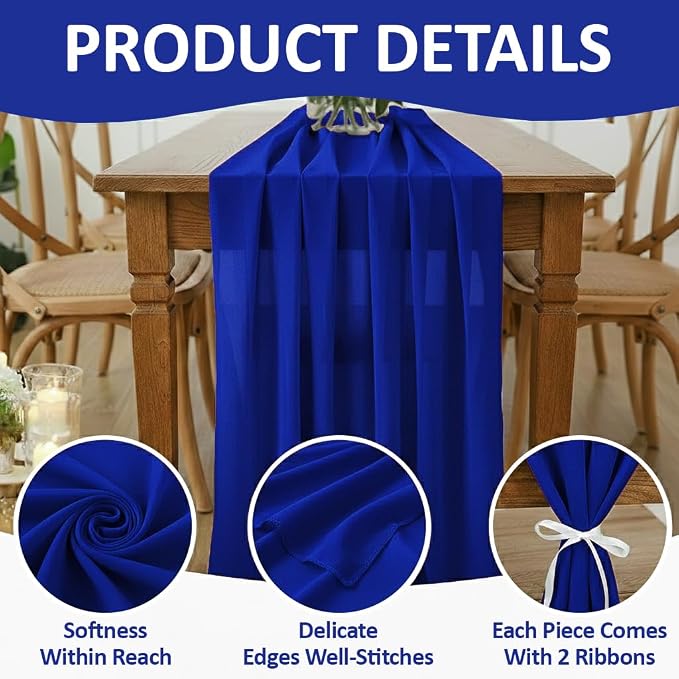Pack of 10 | Royal Blue | 14ft Chiffon Table Runner 29x170 Inches Long Romantic Rustic Sheer Gauze Runner for Wedding Bridal Shower Birthday Banquets Engagement Spring Easter Boho Decorations - Image 5