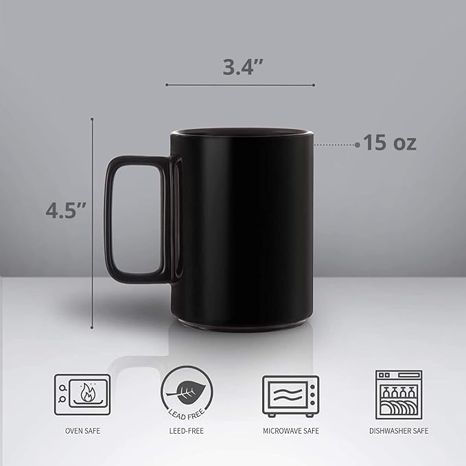E-liu Large 15 Ounces Porcelain Coffee Mug Tea Mugs Set of 6 | Cups for Coffee, Tea, Cocoa, and Mulled Drinks , Dishwasher & Microwave Safe Gift Sets, Black - Image 2