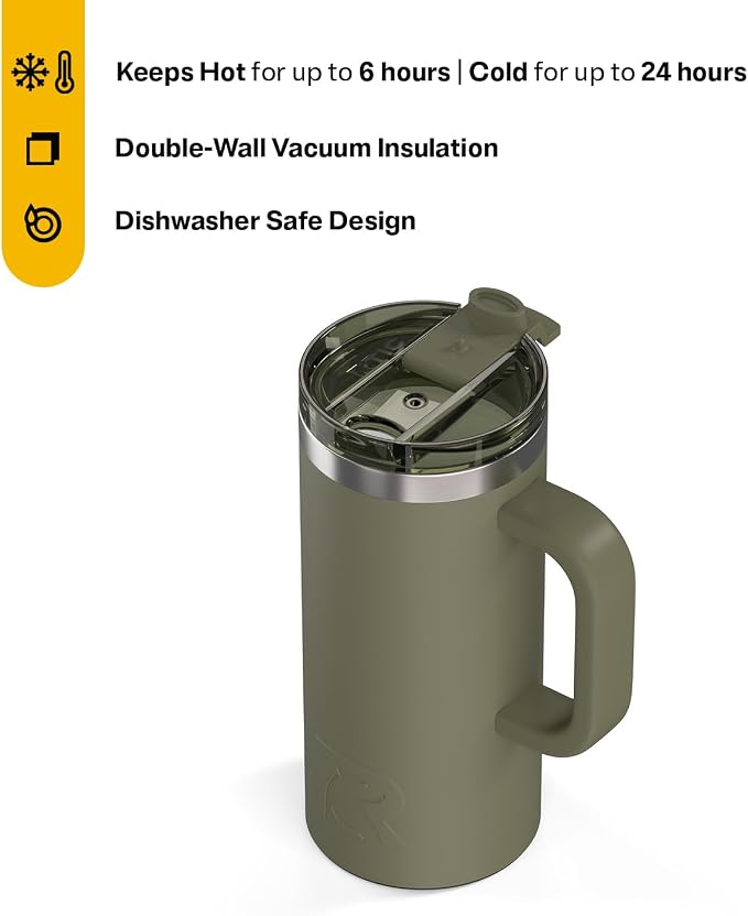 RTIC 16oz Road Trip Travel Mug with Lid and Handle, Ceramic Lined, Olive | Stainless Steel Metal, Insulated Travel Cup for Hot and Cold Drinks, Coffee, Car, Camping and Travel - Image 2