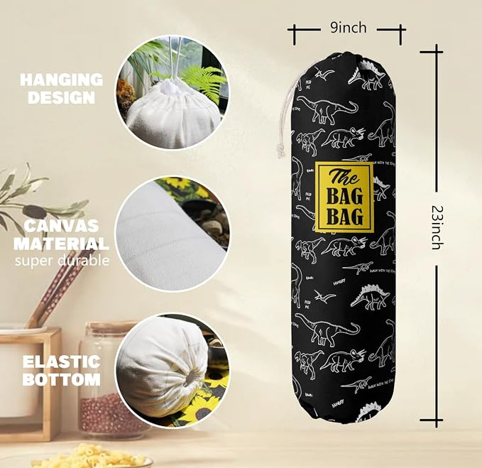 HiLus Dinosaur Pattern Grocery Bags Holder, Wall Mount Plastic Bags Storage Container Dispenser, Kitchen Organizer (H-18) - Image 3