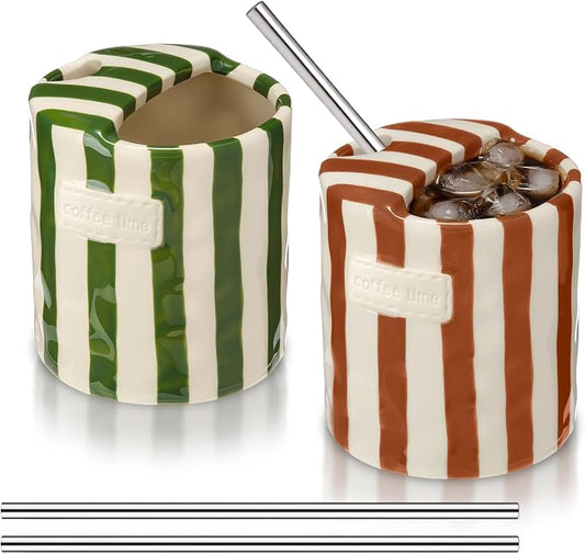 2 Pack Ceramic Coffee Mug with Sip Hole Espresso Cup 10oz with Straws Retro Hand Painted Striped Ceramic Iced Coffee Tea Travel Mug Latte Cup for Kitchen Dining (Simple,Green,Brown) by Ferrochef